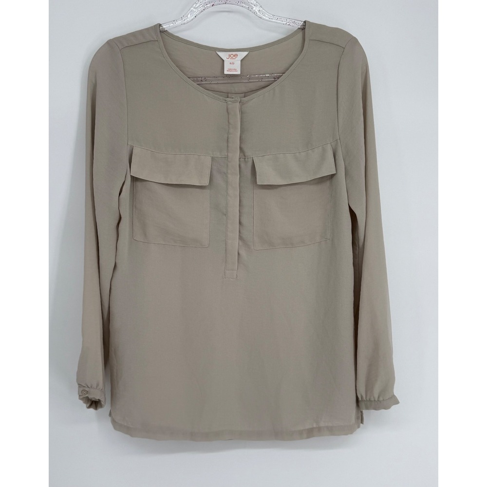 Joe Fresh Womens Taupe Grey Long Sleeve Utility Blouse Hidden Button Sz S/P